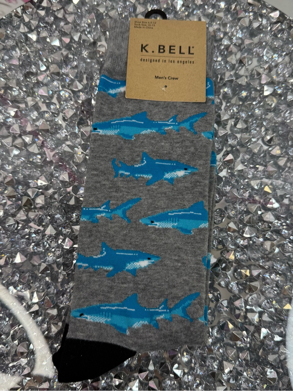 K.bell socks Men's Gray Shark Crew Socks - Blue Shark Pattern